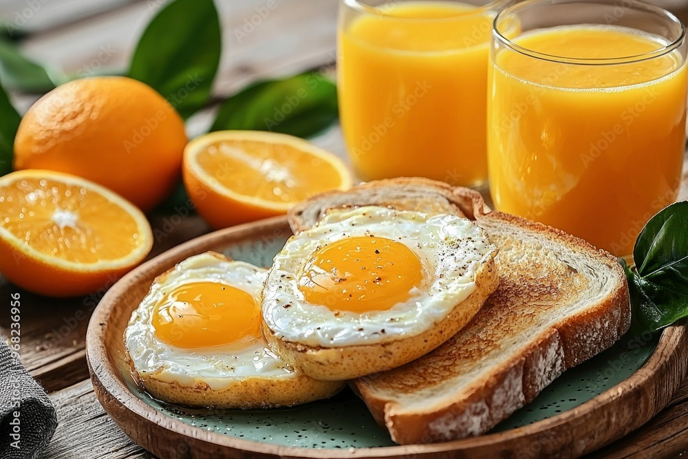 Two Fried Eggs on Toasted Bread with Orange Juice Two Fried Eggs on Toasted Bread with Orange Juice