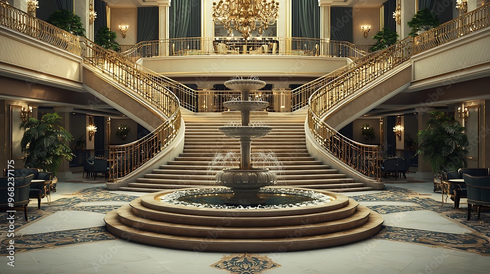 Obraz premium Lavish setting in a luxury hotel lobby with staircases and a fountain.