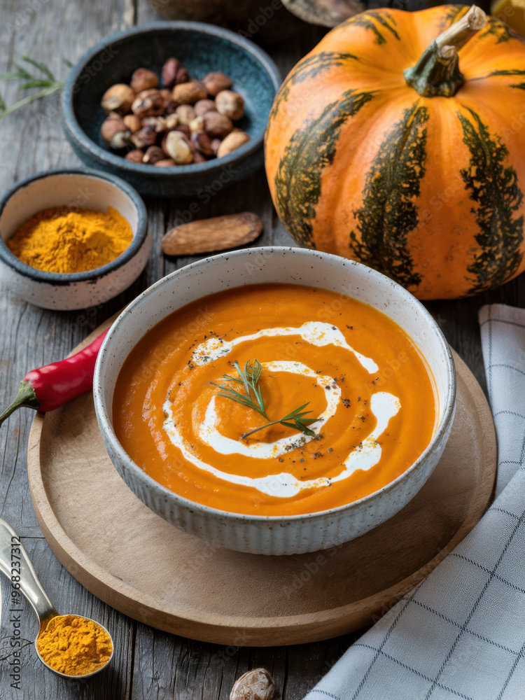 Homemade Pumpkin Soup with Cream Garnish and Seasonal Ingredients in Rustic Setting. Homemade Pumpkin Soup with Cream Garnish and Seasonal Ingredients in Rustic Setting.