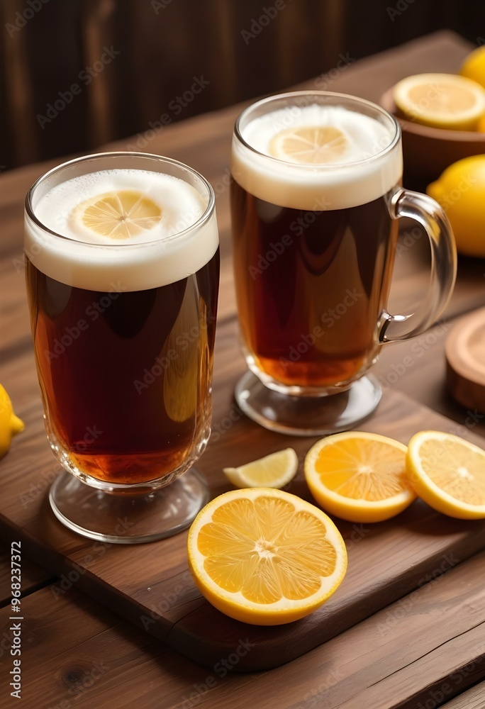 A dark brown beer being poured into two chilled glasses on a rough-hewn wooden table, with vibrant lemon slices placed strategically around, as sunlight filters through a nearby window. A dark brown beer being poured into two chilled glasses on a rough-hewn wooden table, with vibrant lemon slices placed strategically around, as sunlight filters through a nearby window.