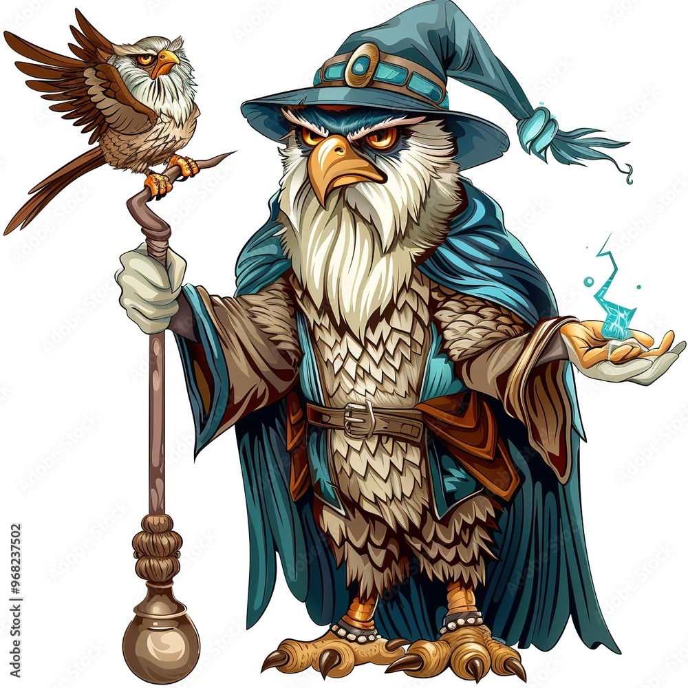 Obraz premium Hawk Wizard Occupation fantasy animal cartoon isolated whitebackground