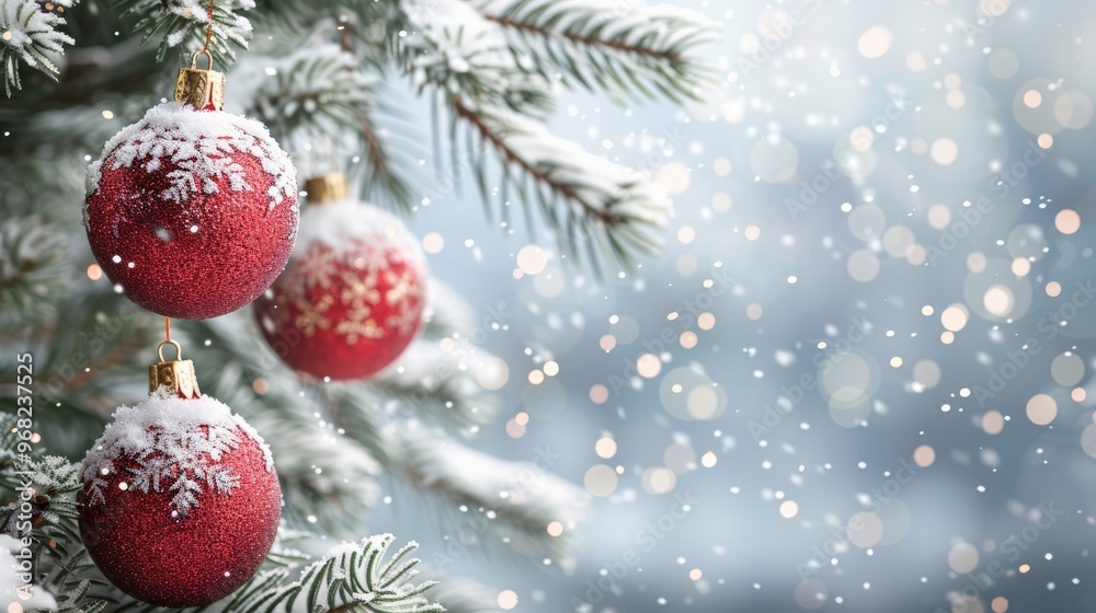 Minimalist New Year decorations toys on a snow dusted spruce branch against a white background bokeh wide banner empty space Minimalist New Year decorations toys on a snow dusted spruce branch against a white background bokeh wide banner empty space