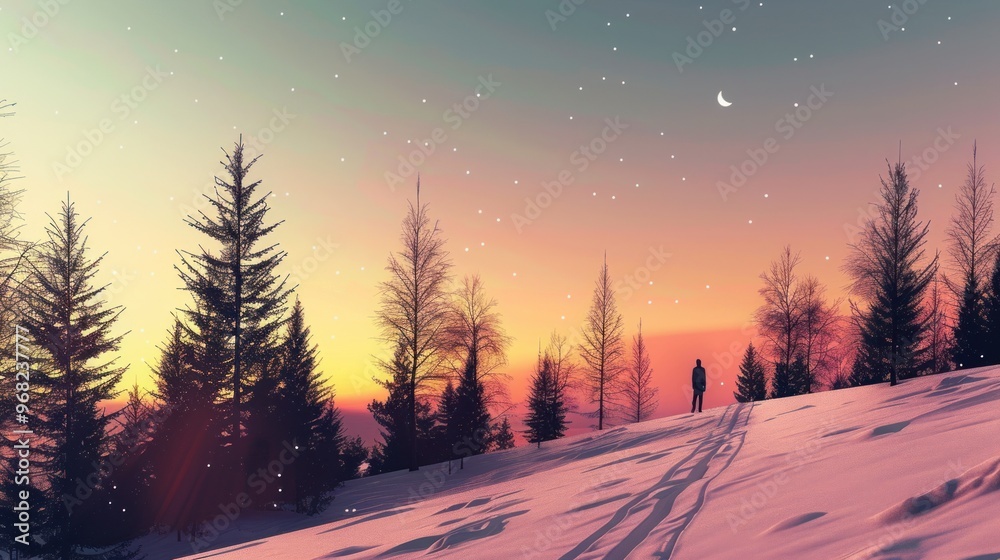 A snow-covered hill at sunset with a lonely figure standing at the top. A snow-covered hill at sunset with a lonely figure standing at the top.