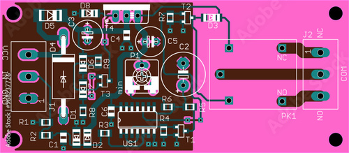 Vector printed circuit board of electronic 
device with components of radio elements, 
conductors and contact pads placed on pcb. 
Engineering technical drawing.