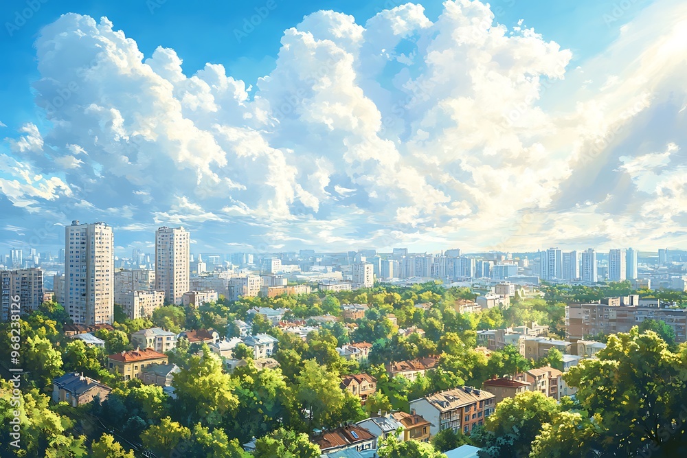 Obraz premium Sunny day cityscape with puffy clouds, green trees and buildings