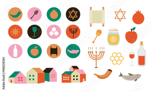 Set of elements for High Holiday. Jewish New Year symbols and icons.