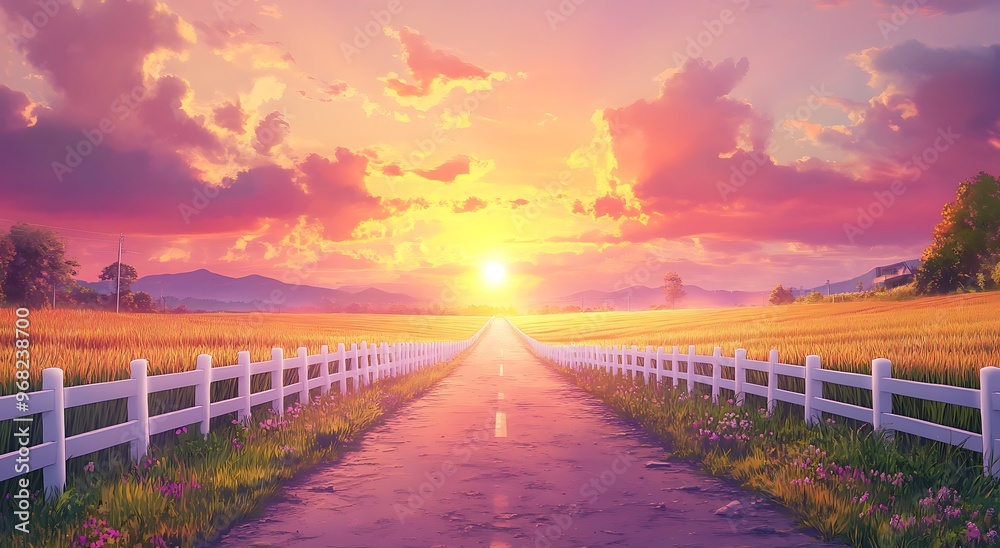 Fototapeta premium Country Road Leading to Beautiful Sunset, Hope and New Beginnings
