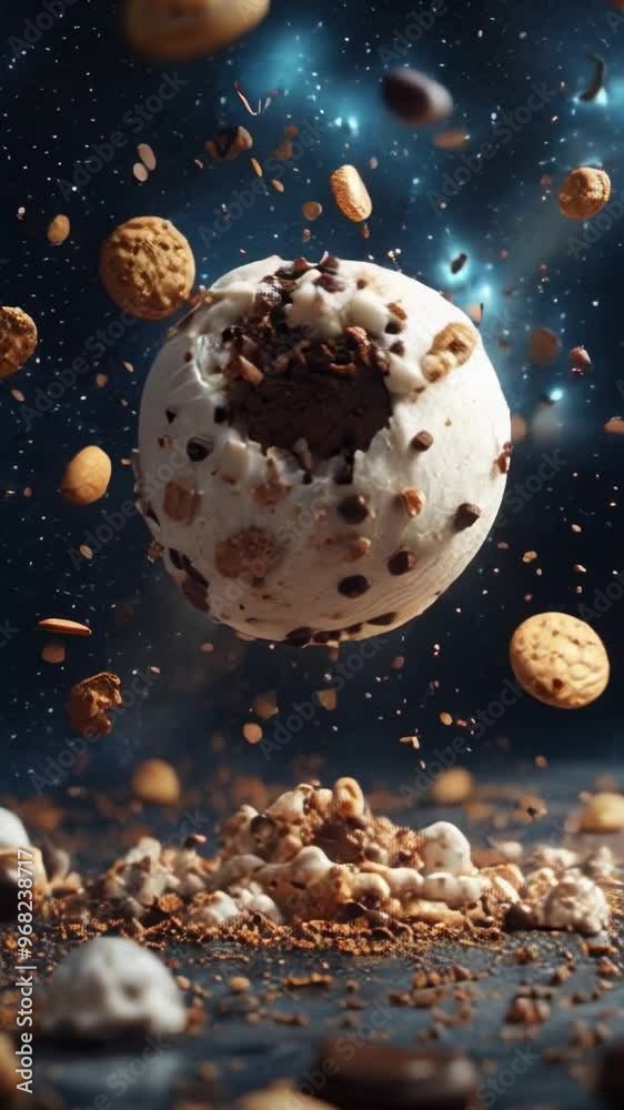A planet made of cookies and cream ice cream surrounded by chocolate chips floating in space with a few nuts scattered around, dark blue background, realistic photography, macro shot. A planet made of cookies and cream ice cream surrounded by chocolate chips floating in space with a few nuts scattered around, dark blue background, realistic photography, macro shot.