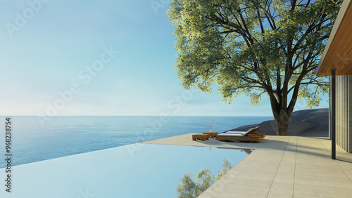 Modern Lounge chair on terrace - ocean sea view - 3D rendering