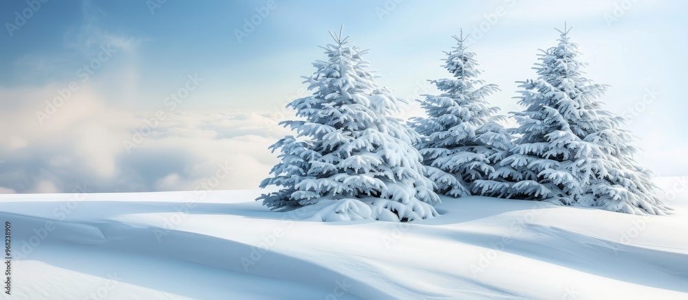 Fluffy spruce trees blanketed in snow stand tall in a white field under a clear blue sky winter landscape snowdrifts banner Fluffy spruce trees blanketed in snow stand tall in a white field under a clear blue sky winter landscape snowdrifts banner