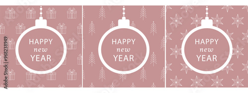 happy new year greeting card set, elegant minimalistic design, pink and white, hanging christmas bauble