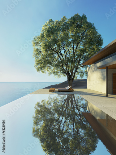 Modern Lounge chair on terrace - ocean sea view - 3D rendering