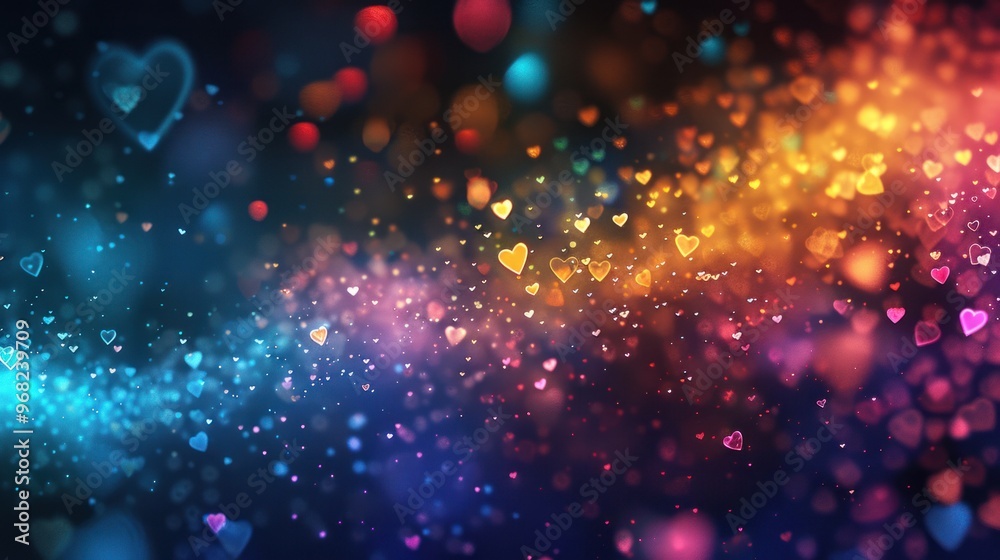 The abstract background with blurry hearts on Valentine's Day, which shins brilliant gold and purple lights, creating a soft and romantic atmosphere. The abstract background with blurry hearts on Valentine's Day, which shins brilliant gold and purple lights, creating a soft and romantic atmosphere.
