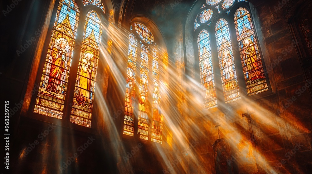 Obraz premium Church interior with stained glass windows