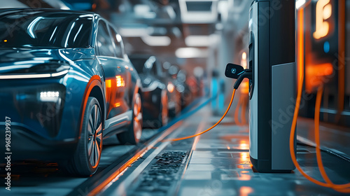 Electric sprinters charging at a futuristic charging hub in a smart city environment.