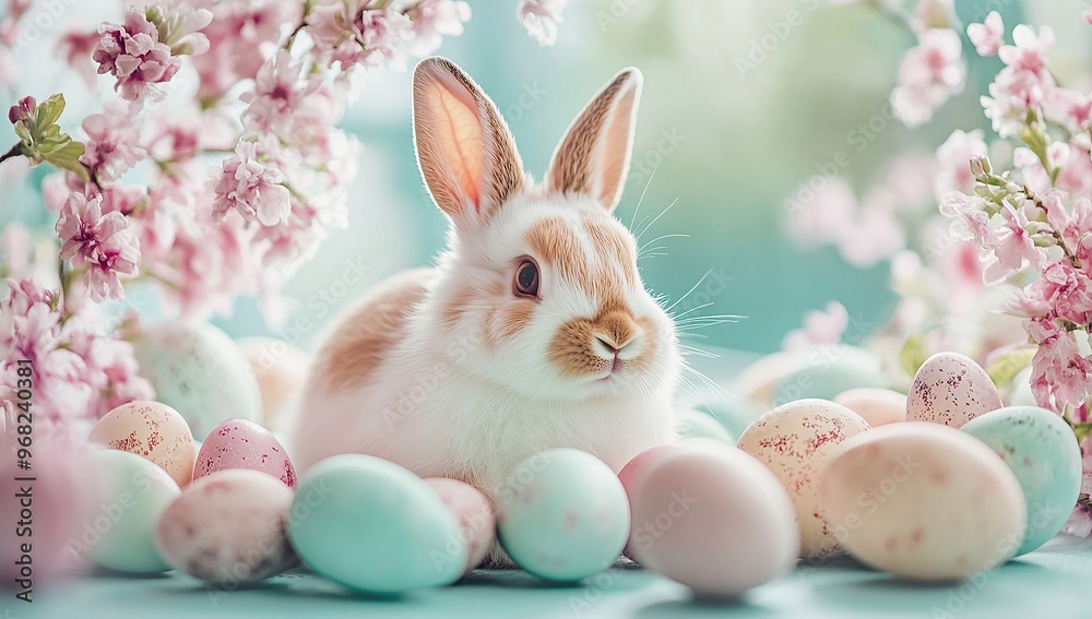 Easter background with cute bunny and pastel eggs, Easter backdrop for photo shoot Easter background with cute bunny and pastel eggs, Easter backdrop for photo shoot