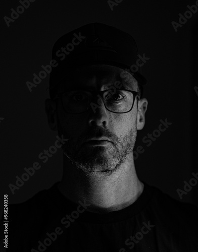 male portrait black and white glasses neutral look