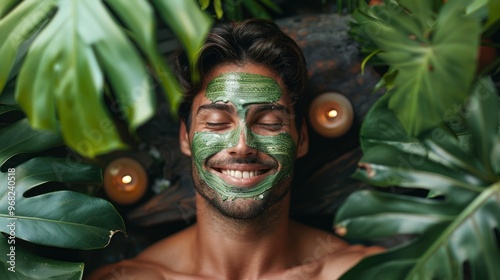 Young man with green facial beauty mask enjoying spa treatment surrounded by vibrant greenery and burning candles.