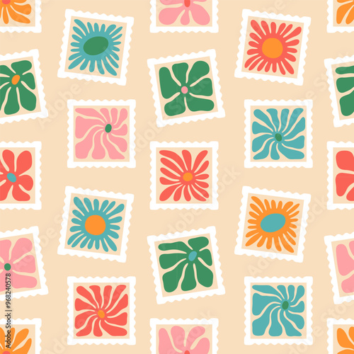 Colorful floral post card stamp seamless pattern illustration. Vintage style flower background design. Old mail postage wallpaper print, spring season nature backdrop postmark label with flowers.
