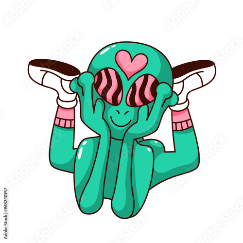 Groovy alien cartoon character with pink heart and psychedelic pattern in eyes. Funny retro green monster in love. Space mascot, cartoon aliens loving look sticker of 70s 80s style vector illustration