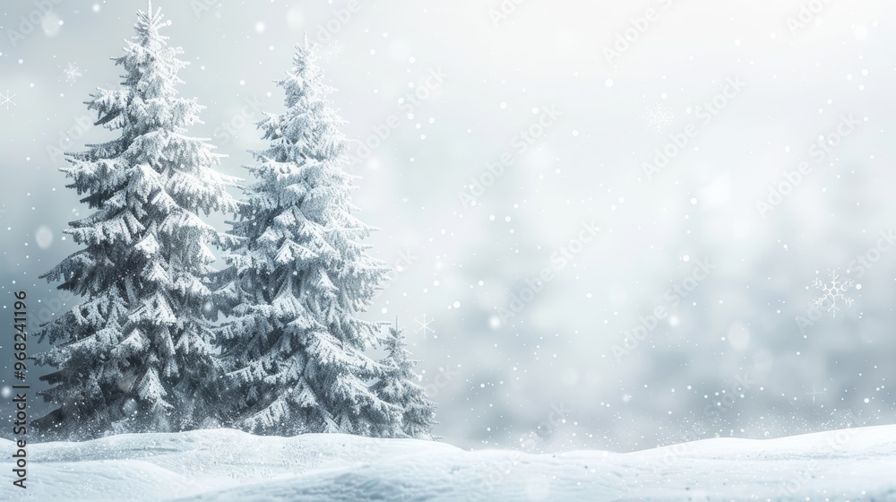 Snow covered fluffy spruce trees in a white field surrounded by falling snowflakes winter landscape snowdrifts banner