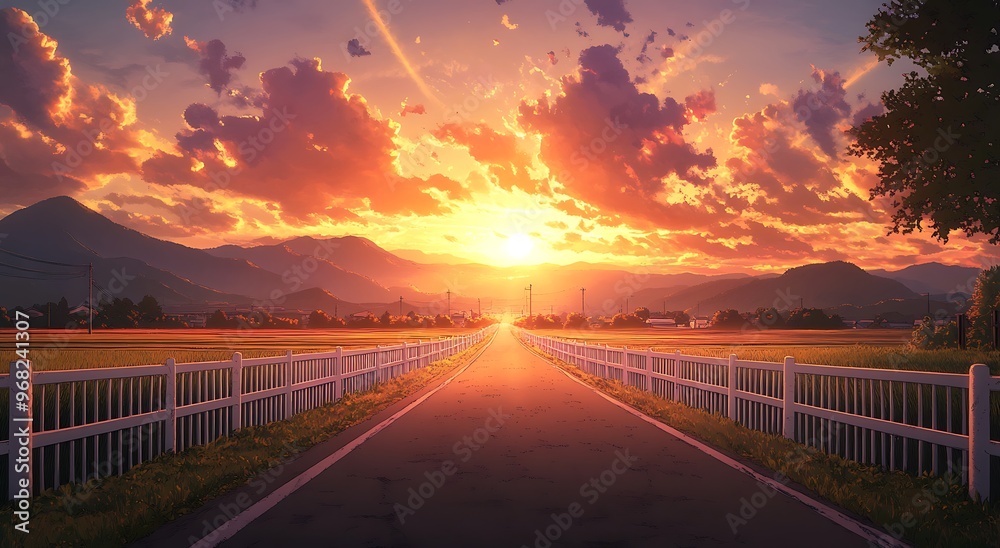 Fototapeta premium Stunning Sunset Over Country Road with White Fence