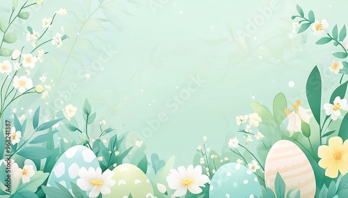 Easter background with Easter eggs and flowers, pastel colors, vector illustration