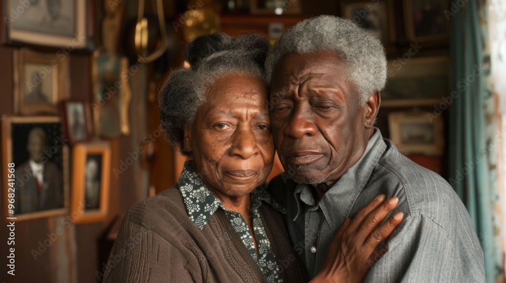 An elderly couple together, cuddling in a beautifully decorated apartment with framed photos on the wall. An elderly couple together, cuddling in a beautifully decorated apartment with framed photos on the wall.
