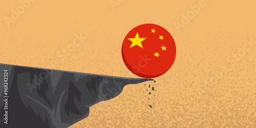 China's flag ball roll off a cliff. Banking System, financial, Real Estate crisis developed from property sector bankrupt,  slump, stock market decline in China Asia	
