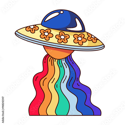 Groovy cartoon alien spaceship with floral pattern and rainbow wavy beam. Funny retro flying saucer with flowers. Hippie vibe mascot, cartoon aliens UFO sticker of 70s 80s style vector illustration