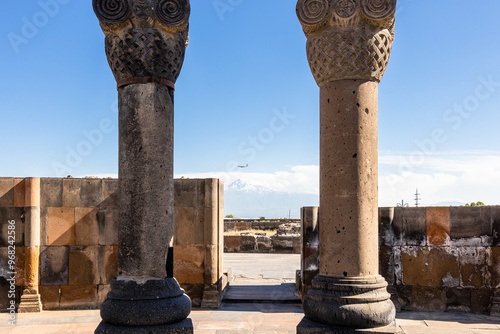 columns in Zvartnots Temple and Ararat Mount photo