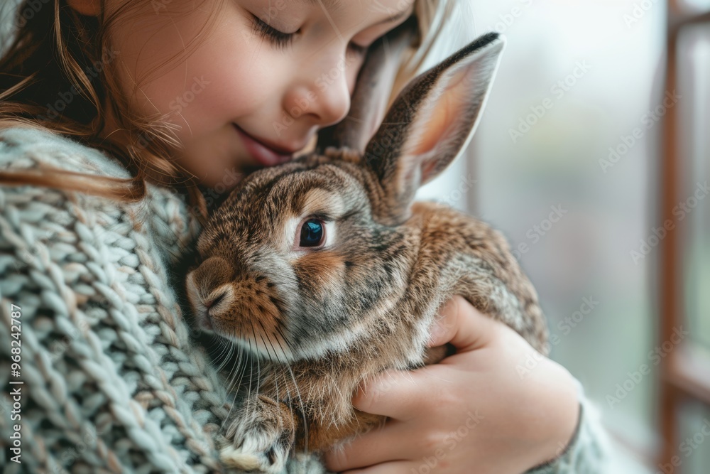 A girl gently holds her beloved domestic rabbit in soft light, creating a warm and serene moment of connection and affection A girl gently holds her beloved domestic rabbit in soft light, creating a warm and serene moment of connection and affection