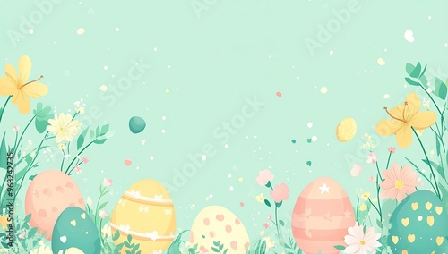 Easter background with Easter eggs and flowers, pastel colors, vector illustration