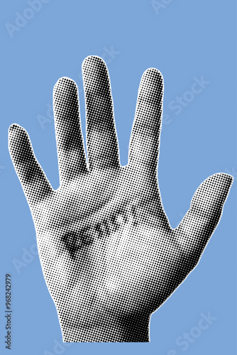 close up of open hand with resist word written pixelate color halftone dotted texture style collage element isolated on blue background