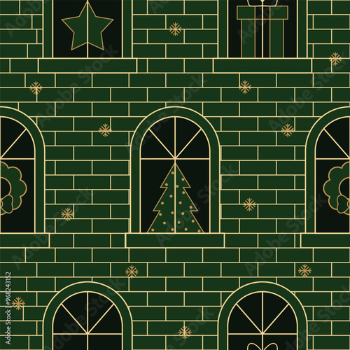 patron de un muro de ladrillos con ventañas decorativas y elementos navideños como arboles navidelños, coronas navideñas. estrellas y regalos. Ideal para imprimir en textura
