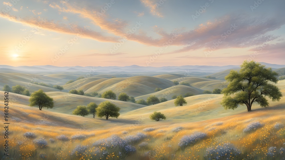 Fototapeta premium A painting of a field with a tree in the middle