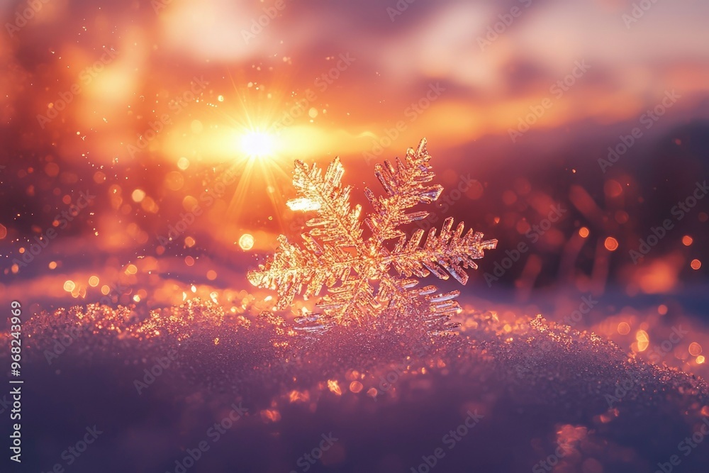 Fototapeta premium A Single Snowflake Against a Sunset Sky