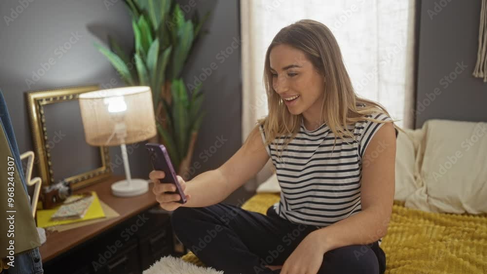 A young blonde woman sits on a bed in a cozy bedroom, using her smartphone for a video call, surrounded by a neatly decorated interior. A young blonde woman sits on a bed in a cozy bedroom, using her smartphone for a video call, surrounded by a neatly decorated interior.