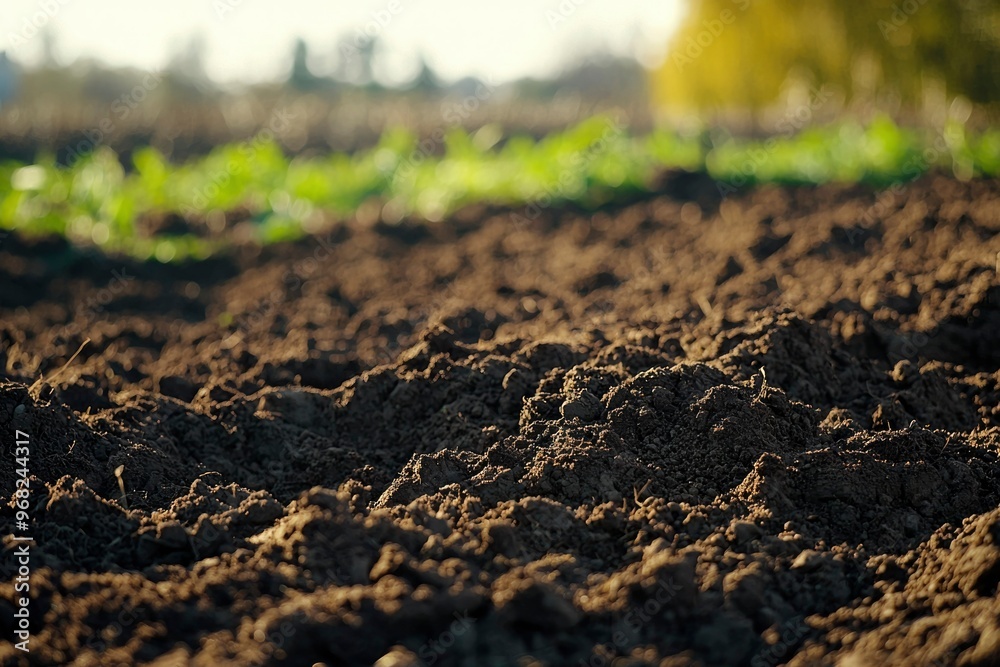 Close-Up of Dark Soil in a Field with Blurred Green Plants in the Background