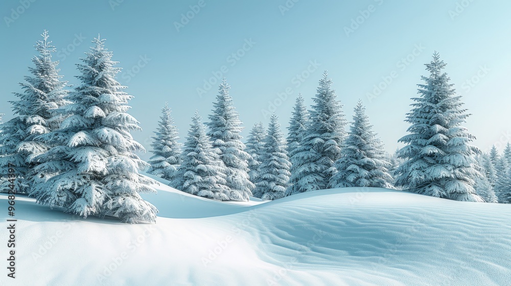 Fluffy spruce trees blanketed in snow atop white humps under a bright clear blue sky winter landscape snowdrifts banner Fluffy spruce trees blanketed in snow atop white humps under a bright clear blue sky winter landscape snowdrifts banner