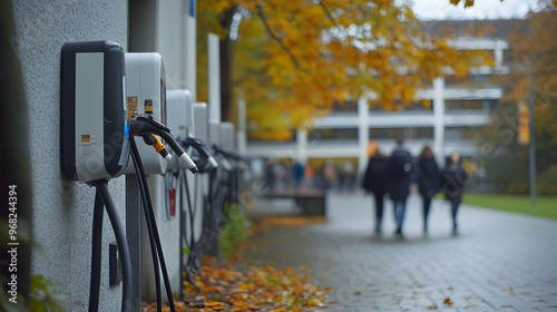 Electric sprinters charging at a university campus with students walking around.