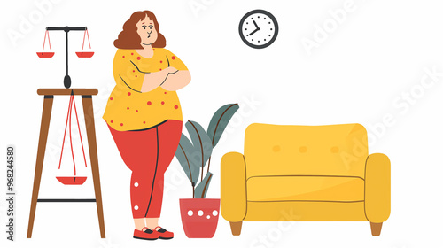 A full-figured woman in a yellow blouse with red polka dots and leggings stands in front of a scale. Struggling to lose weight.