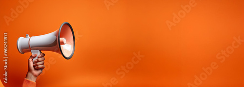 Hand holding a megaphone announces sales and discounts, on a vibrant orange background. Marketing and commercial concept banner with copy space,  photo
