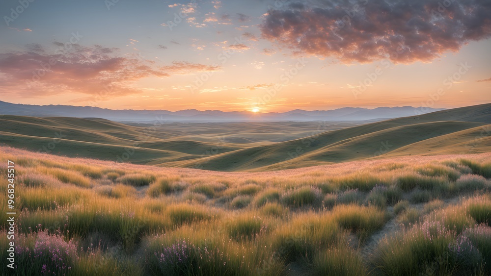 Fototapeta premium A vibrant sunrise paints the sky above rolling hills and a field of grass.