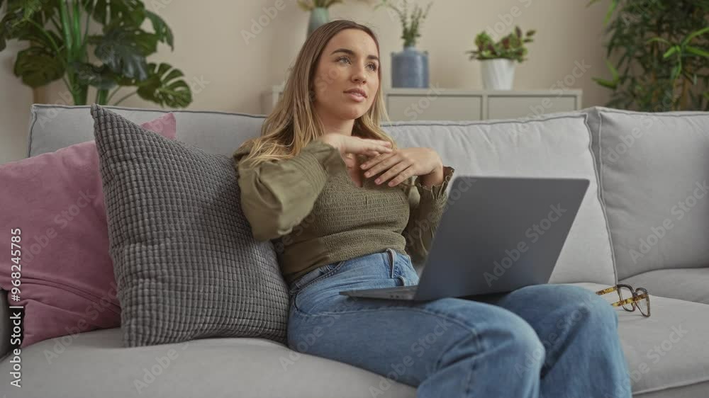 Young blonde woman relaxing and working on a laptop indoors with plants in the background. Young blonde woman relaxing and working on a laptop indoors with plants in the background.