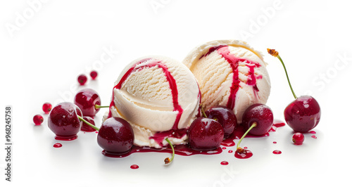 Scoop of creamy vanilla ice cream with cherry syrup isolated on white background.
