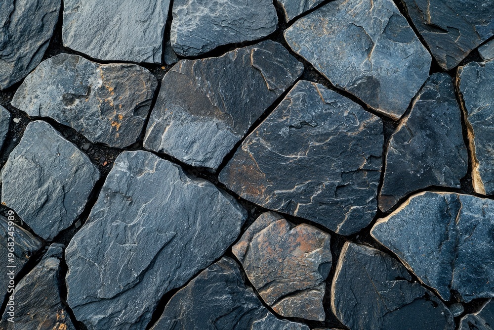 Fototapeta premium Close-up of a stone wall made of irregularly shaped, dark gray stones.