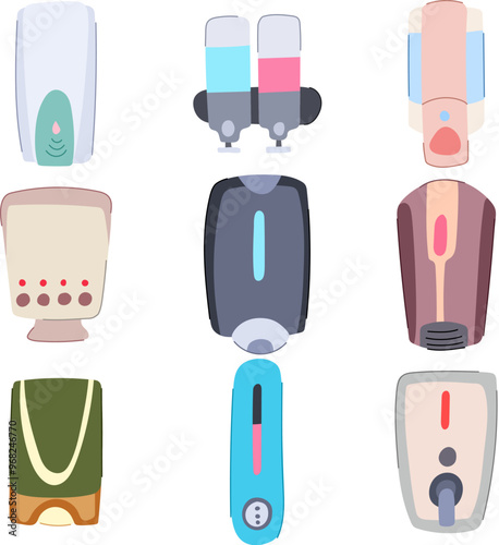 wall soap dispenser set cartoon. hygiene liquid, mount hands, refillable touchless wall soap dispenser sign. isolated symbol vector illustration