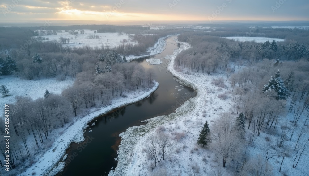 aerial view of winter landscape with a river and a snowy rewilding area 