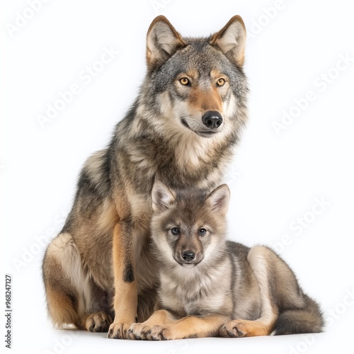 A Close-up of a Wolf Photo, isolated on a white background, Wolf Generative Ai.